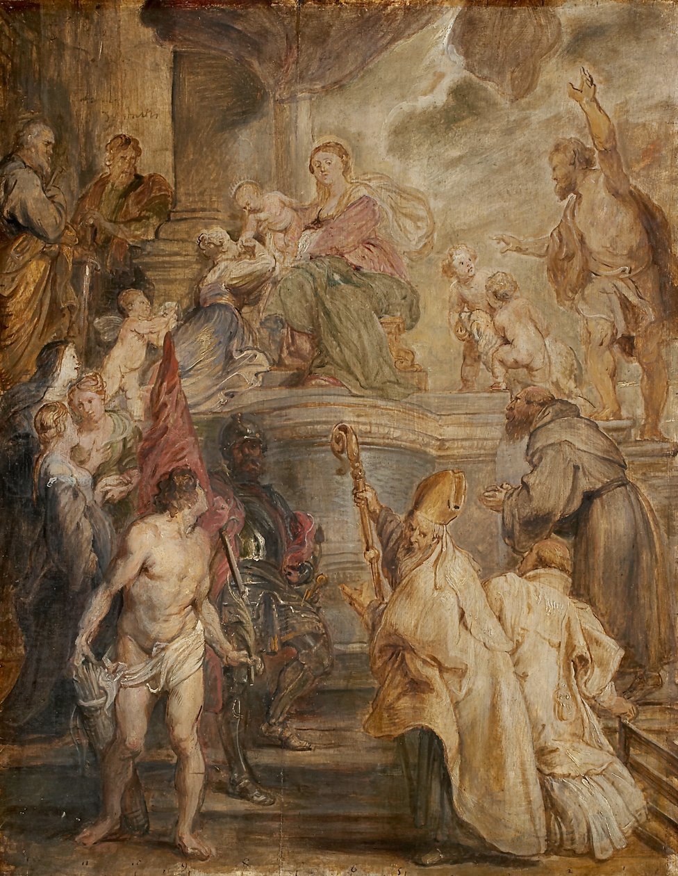 Sankt Katarinas mystiske bryllup (farveskitse til alteret i augustinerfædrenes kirke i Antwerpen), verso: to kavalerislag af Peter Paul Rubens