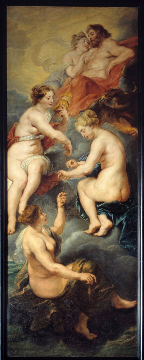 Parques, der spinder skæbnen for Maria af Medicis (1573-1642) Parques, Clotho, Lachesis og Atropos, er gudernes mestre over menneskenes skæbne. Maleri af Pierre Paul (Pierre-Paul) Rubens (eller Peter Paul eller Petrus Paulus) (1577-1640) 1600-tallet. D af Peter Paul Rubens