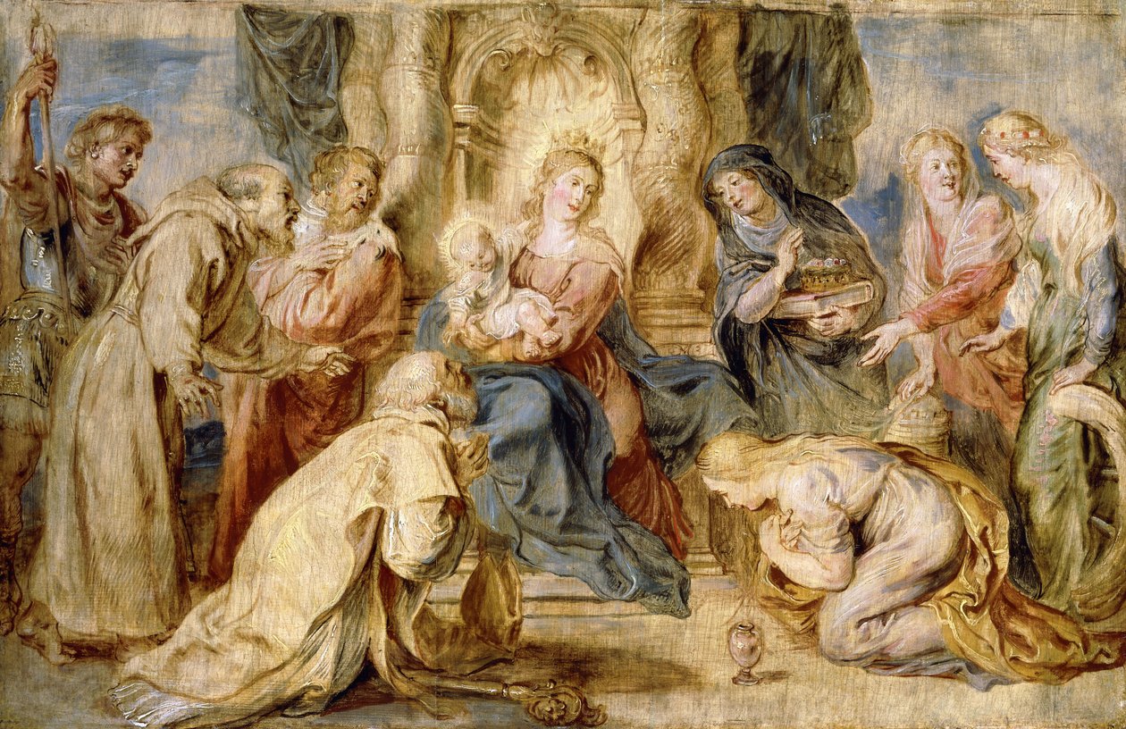 Jomfruen og barnet på tronen tilbedt af otte hellige, af Peter Paul Rubens