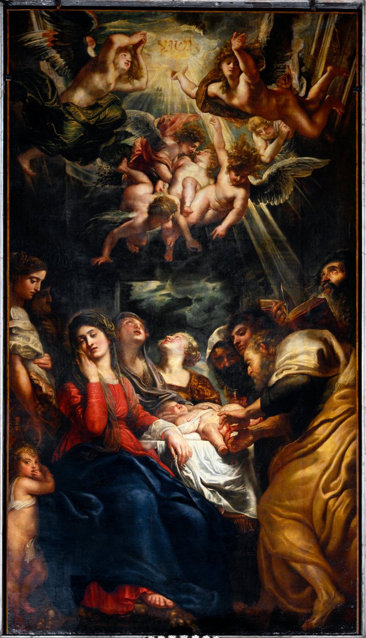 Omskæringen Maleri af Peter Paul (Pierre-Paul) Rubens (eller Peter Paul eller Petrus Paulus) (1577-1640) 1600-tallets gener, de hellige Andrea og Ambrogios kirke (o del Gesu) af Peter Paul Rubens