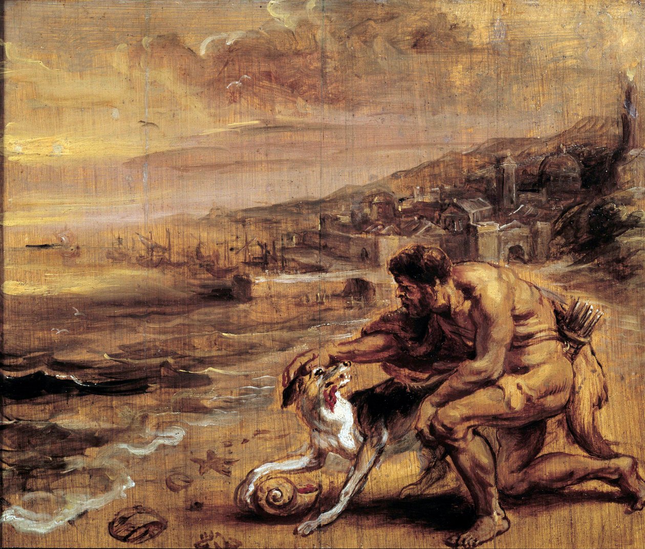 Opdagelsen af den lilla En føniker finder takket være sin hund en skal (Murex), der producerer den røde tinktur. Vaskemaleri af Pierre Paul (Pierre-Paul) Rubens (eller Peter Paul eller Petrus Paulus) (1577-1640) 1600-tallet søn. 0,28x0,34 m Bayonne, Musee  af Peter Paul Rubens