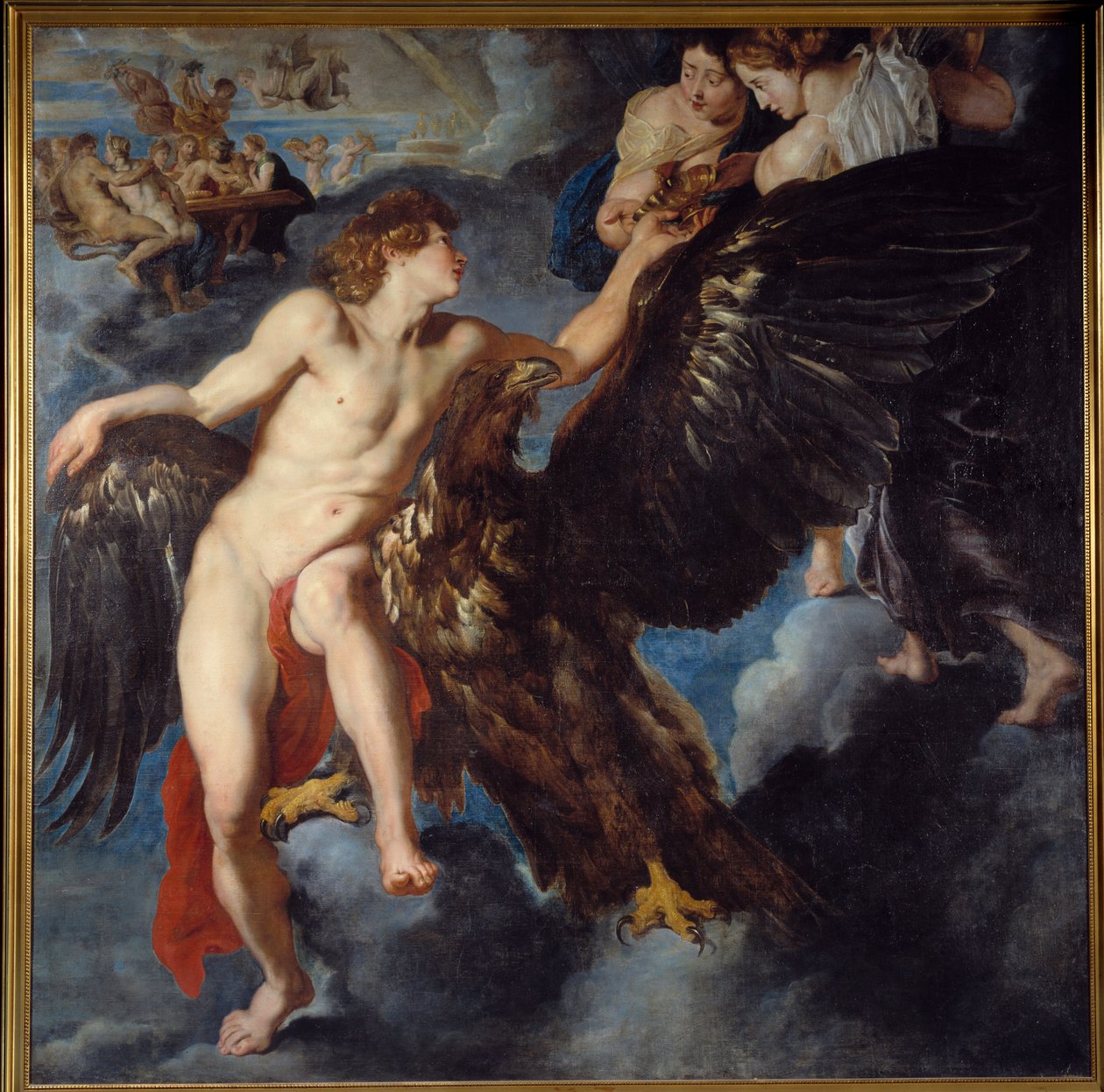 Kidnapningen af Ganymedes Mens han græsser sin flok på bjerget Ida de Troade, bliver Zeus til en ørn, tager den væk for at gøre den til sin elsker og gudernes sang. Maleri af værkstedet af Pierre Paul (Pierre-Paul) Rubens (eller Peter Paul eller Petrus Pau af Peter Paul Rubens