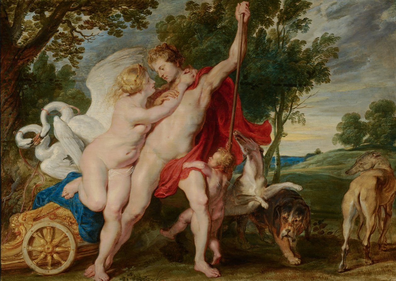 Venus forsøger at forhindre Adonis i at tage af sted på jagten, ca. 1600-1700 af Peter Paul Rubens