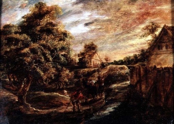 Skovklædt landskab ved solnedgang af Peter Paul Rubens