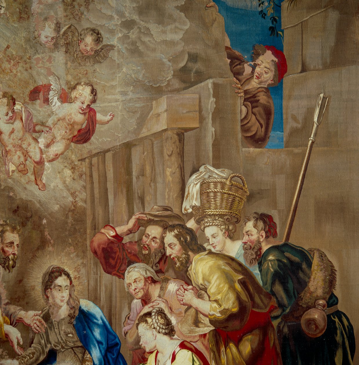 Tilbedelse af Kristusbarnet, detalje af den flamske skoles gobelin, ca. 1600-50 af Peter Paul after Rubens