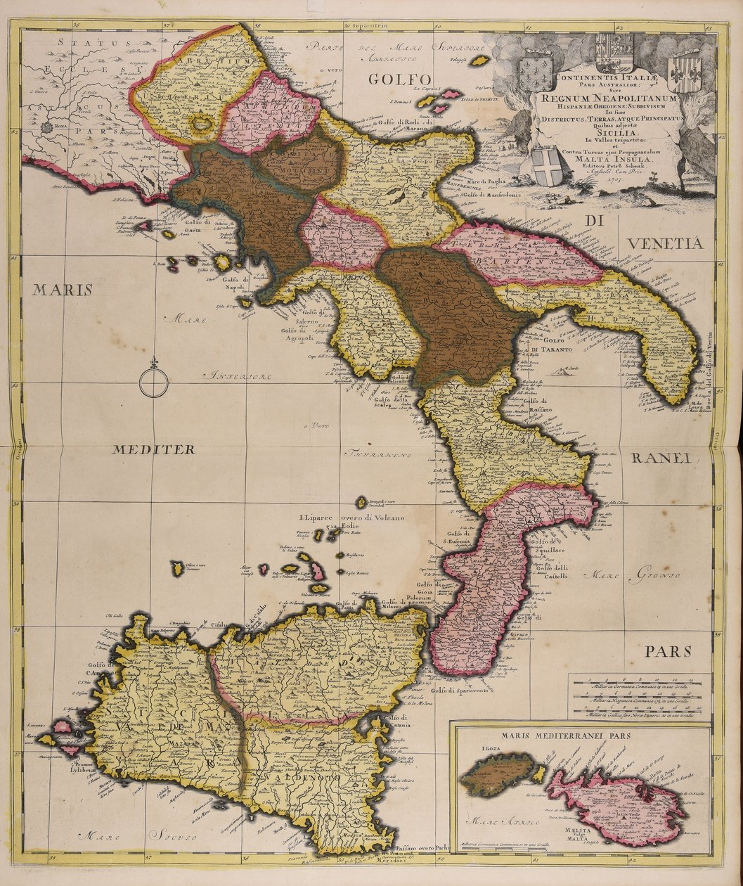 Continentis Italiae pars australior sive regnum Neapolitanum Hispaniae obediens subdivisum in suos districtus terras atque principatus quibus adjectae Sicilia in valles tripartita et contra Turcas ejus propugnaculum Malta insula af Peter Schenk the Elder