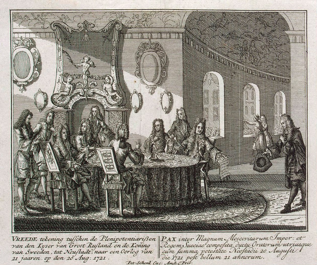 Indgåelse af fredstraktaten i Nystad den 20. august 1721. af Peter Schenk the Younger