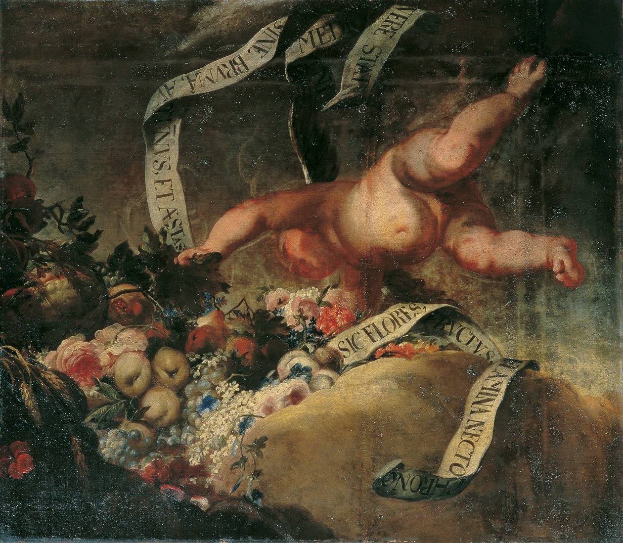 Putto med blomster, frugter og banner af Peter Strudel