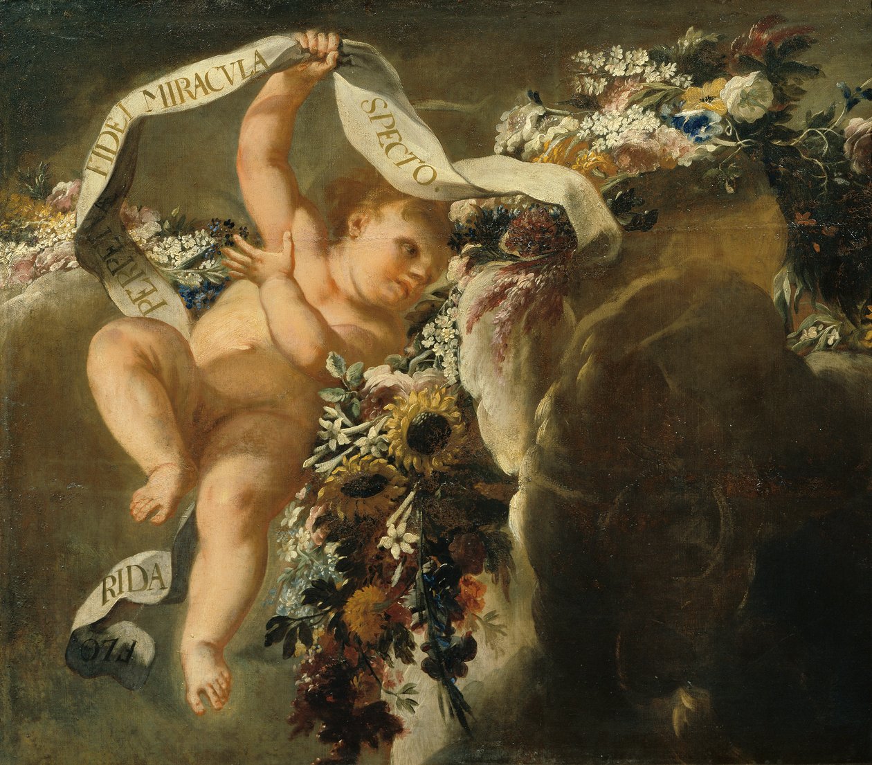 Putto med blomstertråd og banner af Peter Strudel