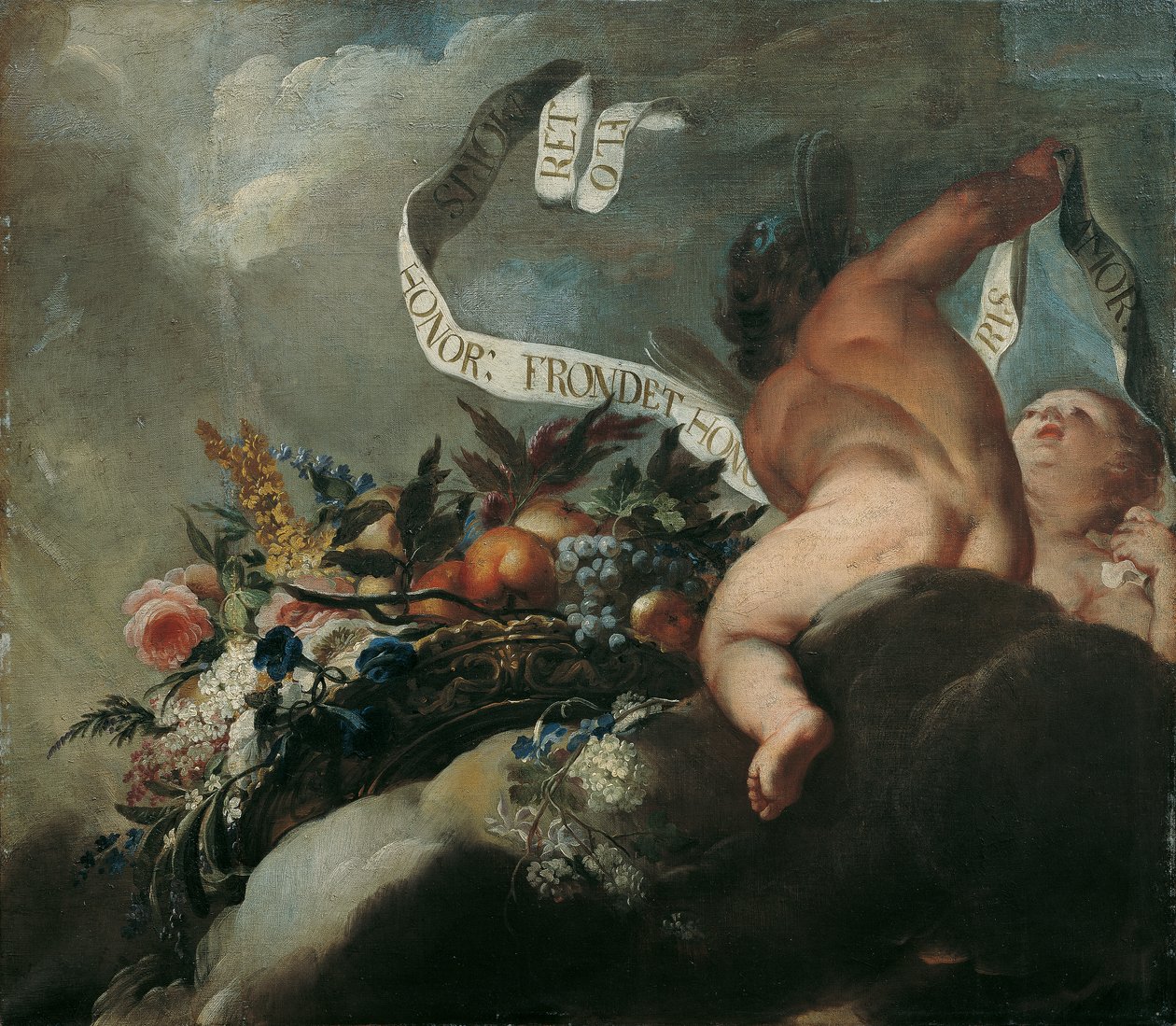 To putti med blomster, frugter og et banner af Peter Strudel