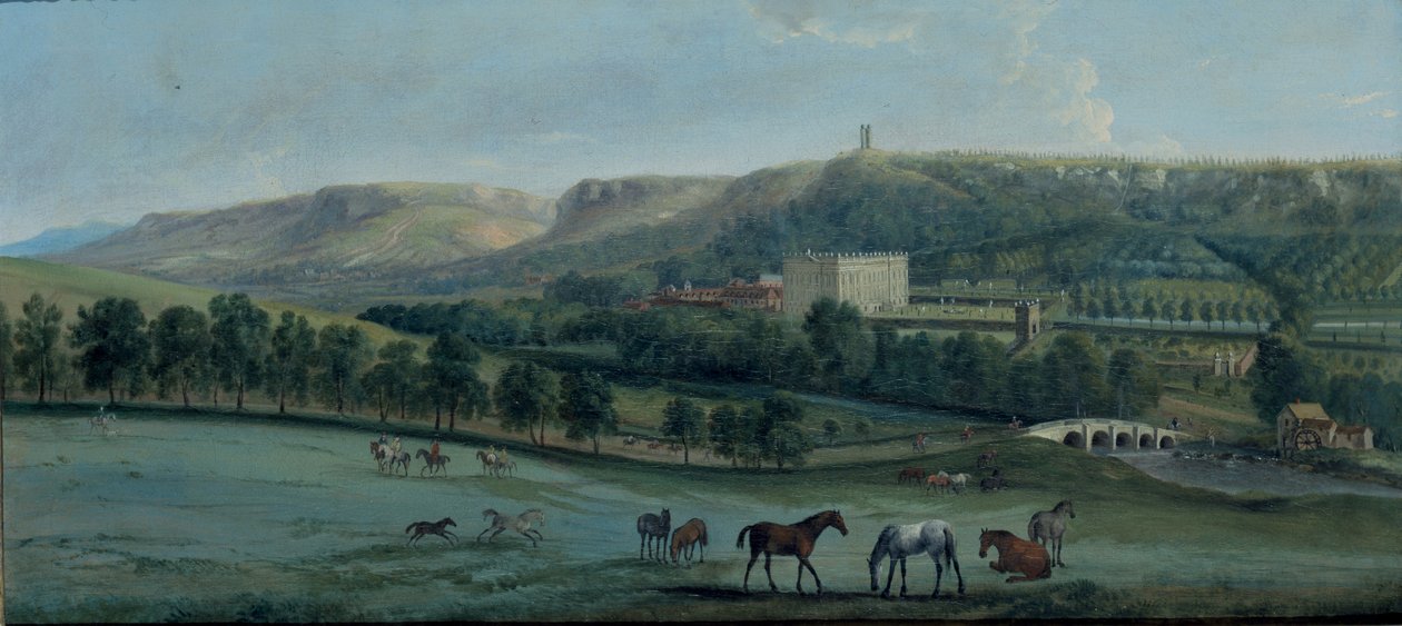 En udsigt over Chatsworth fra sydvest (olie på lærred) af Peter Tillemans