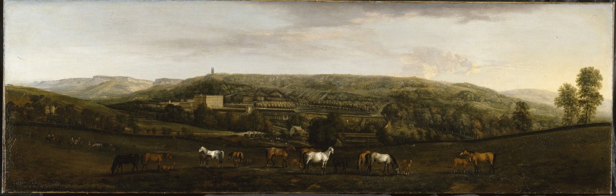 En udsigt over Chatsworth fra sydvest (olie på lærred) af Peter Tillemans