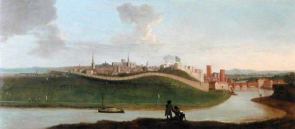 Udsigt over Chester, med to figurer ved floden i forgrunden (olie på lærred) af Peter Tillemans
