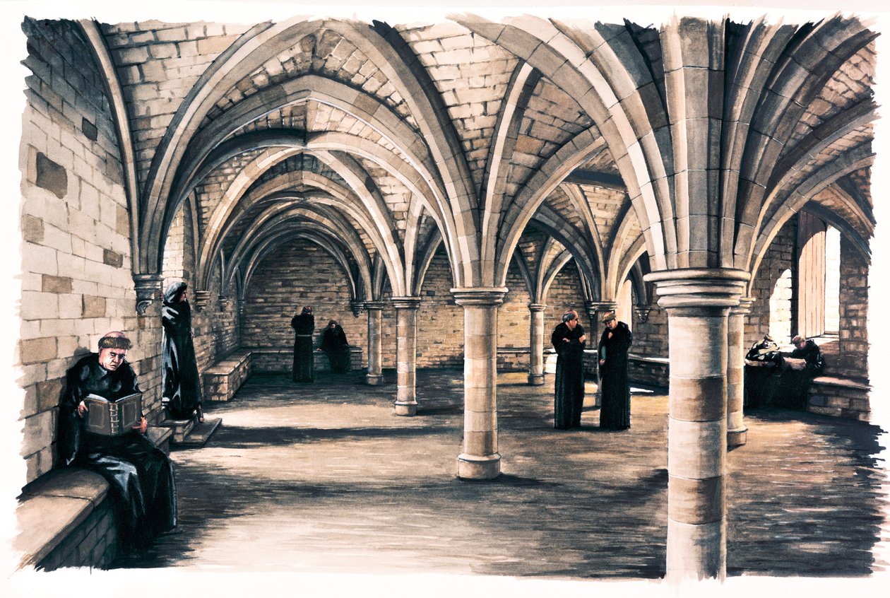 Munke i fællesrummet i Battle Abbey, East Sussex, 12. århundrede c1990-c2010 af Peter Urmston