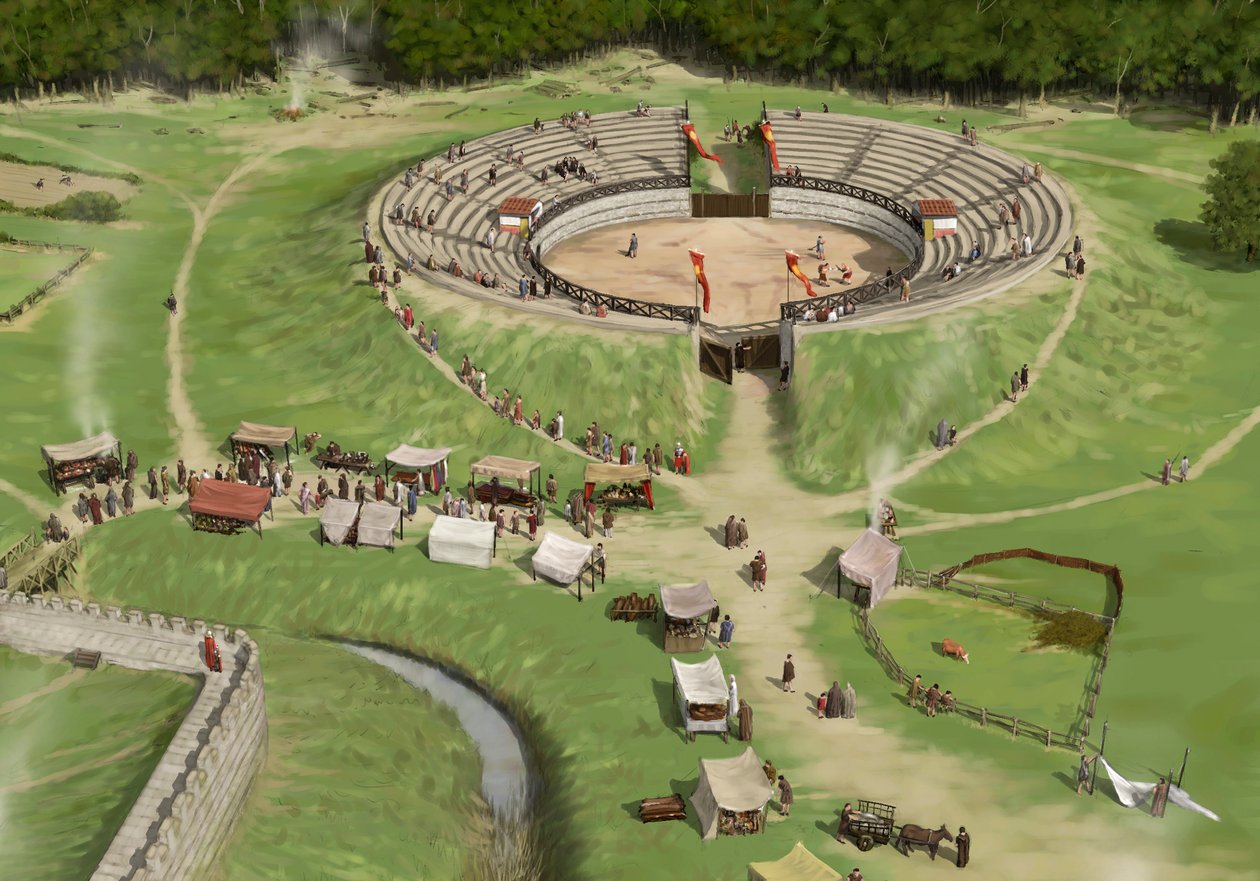 Tilskuere ankommer til Silchester Roman City Amphitheatre c250 AD, c1990-2010 af Peter Urmston