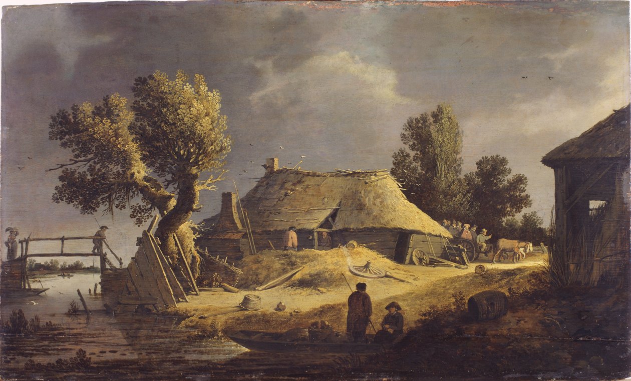 Landskab med et bondehus (olie på panel) af Peter de Bloot