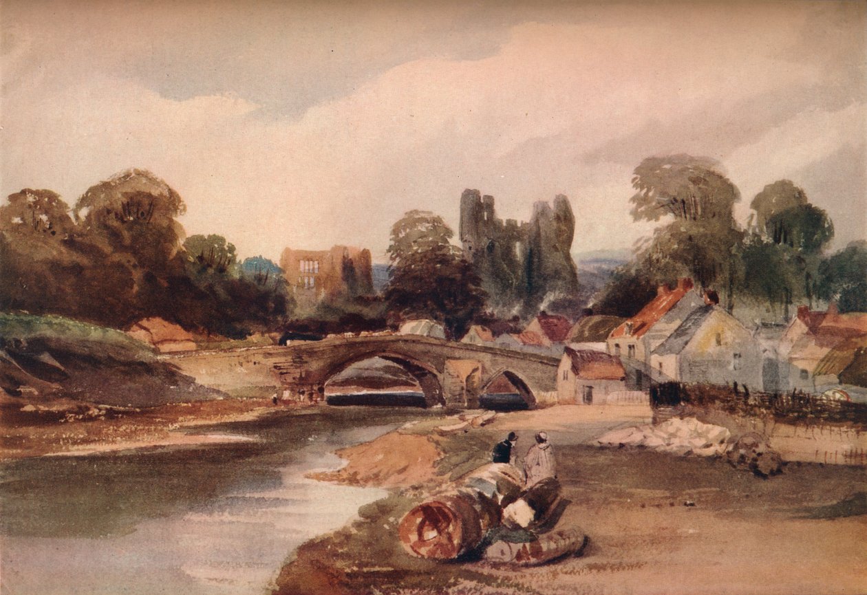 En landsby ved en flod med bro og ruiner, c1824 af Peter de Wint