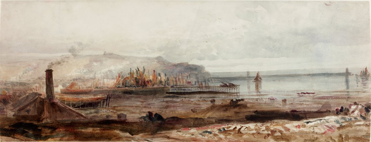 Udsigt over en havn, omkring 1830-1840 (Akvarel) af Peter de Wint