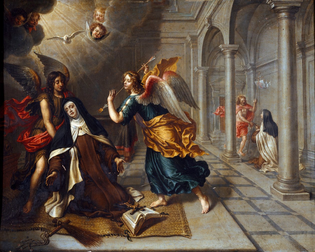 Den hellige Therese af Avila (af Jesusbarnet) (1515-1582) møder englen, der gennemborer hjertet af sin gyldne darter Maleri af Peter Van Lindt (1600-tallet) Dim. 85x70 cm Gener, Galleria di Palazzo Bianco af Peter van Lint