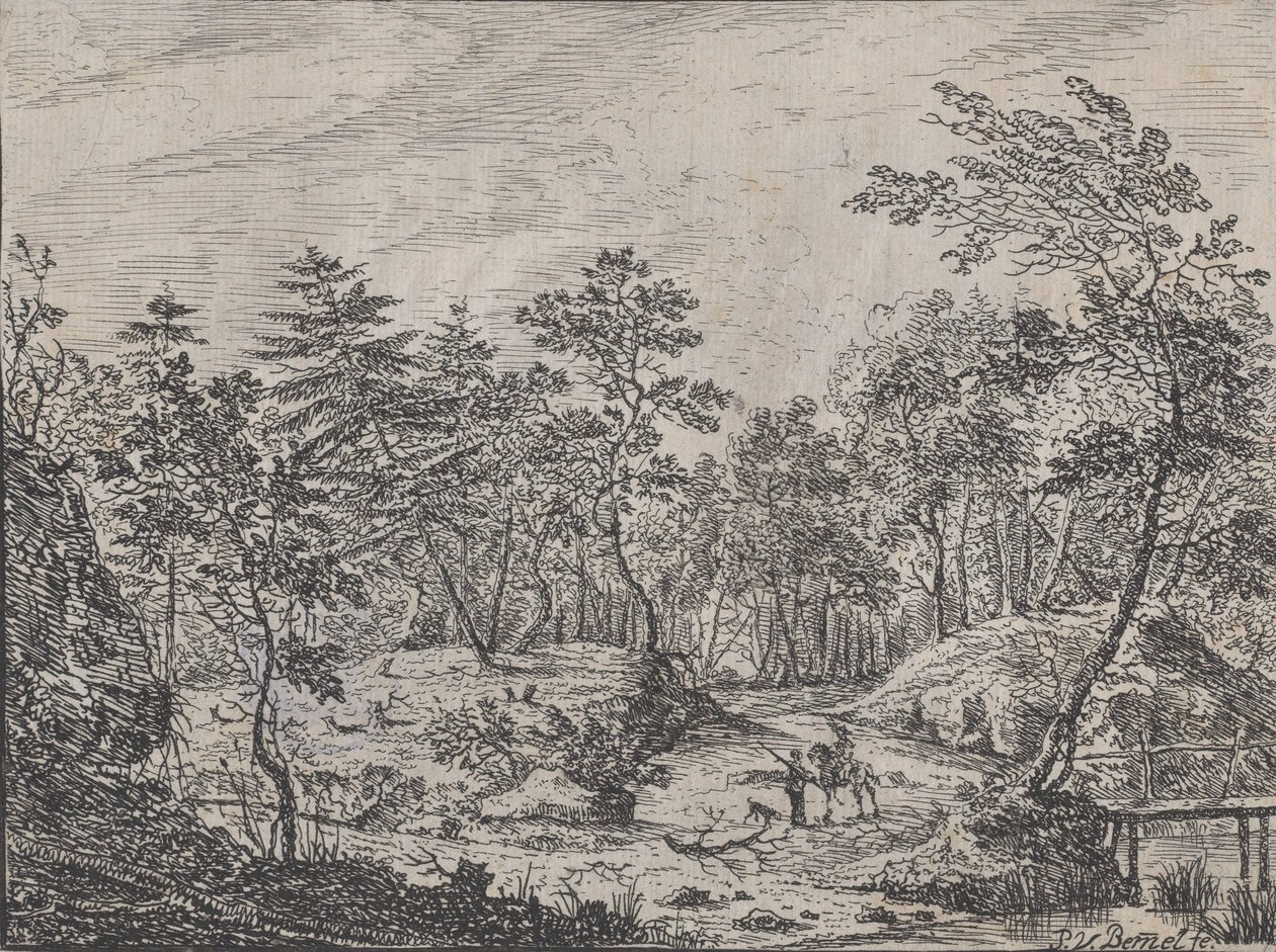 Skovlandskab med en rytter, der taler med en mand i midten, en gangbro til højre, 1716. af Peter von Bemmel