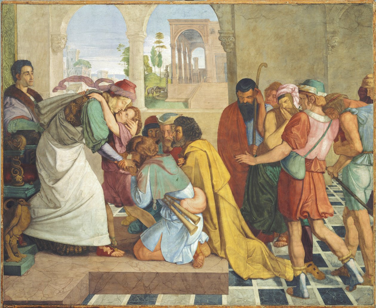 Josef giver sig til kende for sine brødre. Vægmaleri fra den ottedelte cyklus fra Casa Bartholdy i Rom af Peter von Cornelius