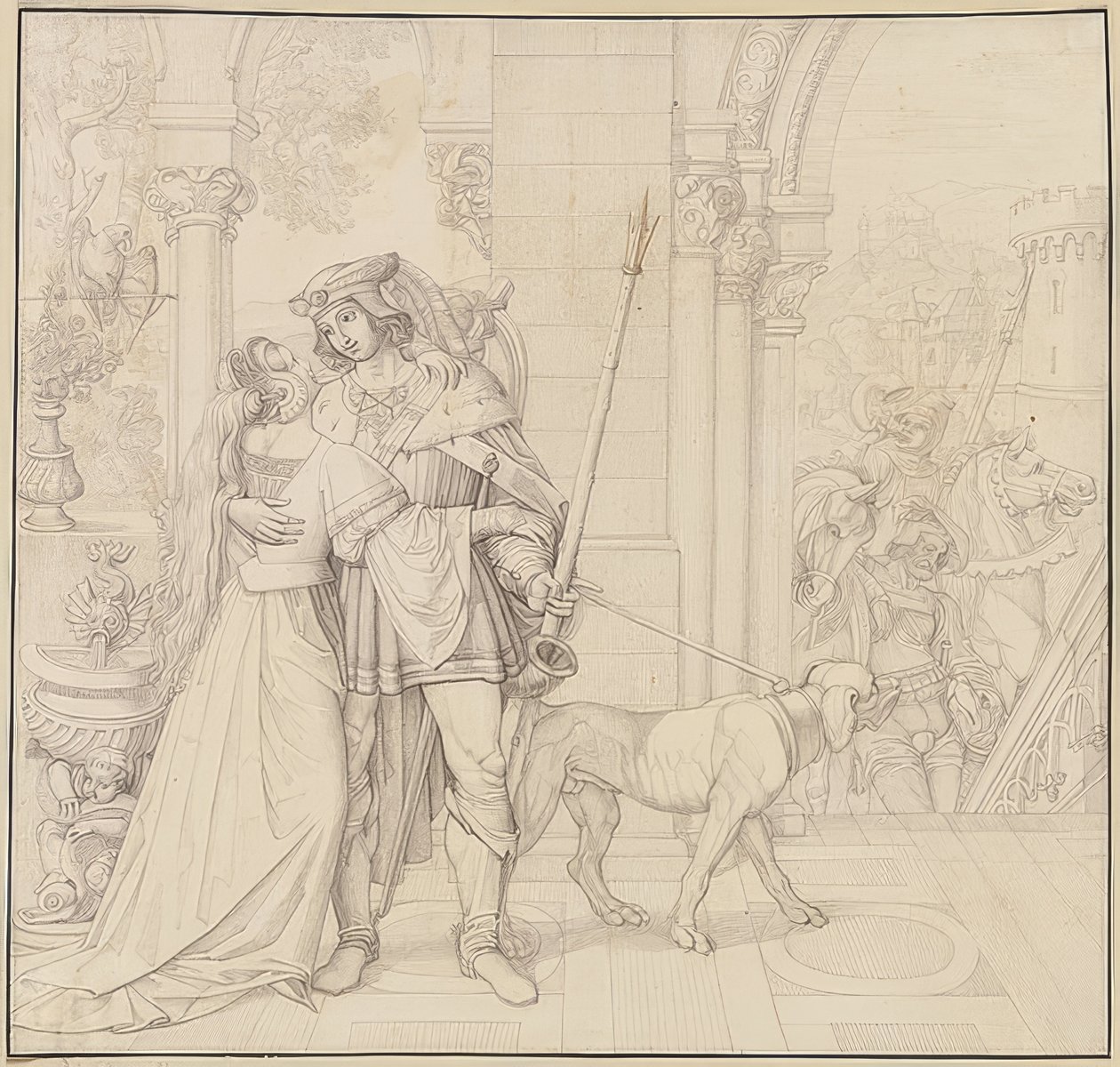 Syv tegninger på Nibelungerne: 4. Siegfried gjorde sig klar til jagten. 1812-17 af Peter von Cornelius
