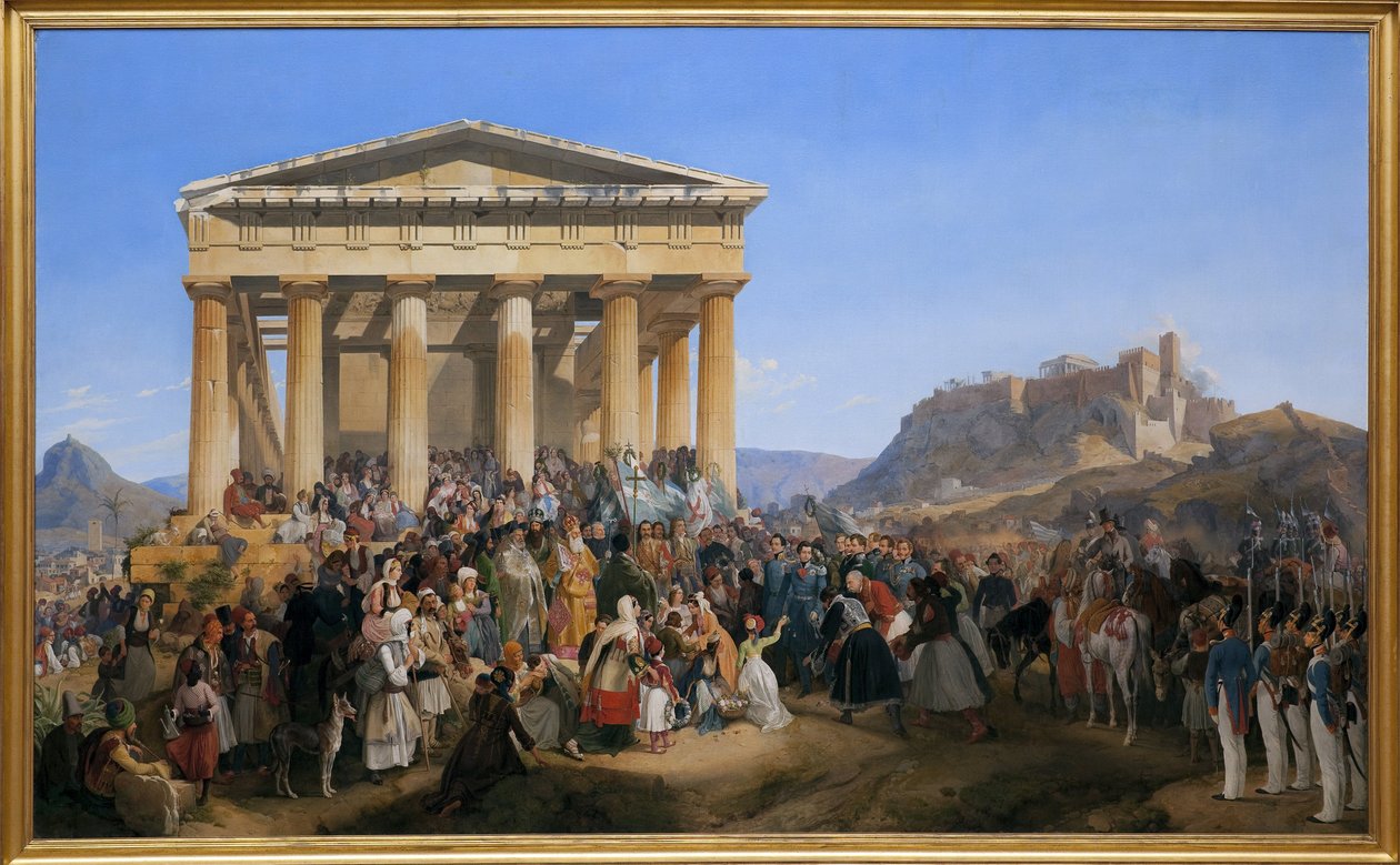Indgangen for kong Othon I af Grækenland (1815-1876) til Athen, hilst velkommen af folkemængden foran templet Hephaistos (Hephaisteion) (Hephaistos) eller Theseion på Agora (Grækenland) af Peter von Hess
