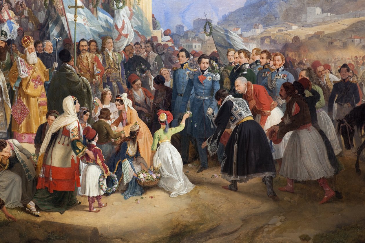 Indgangen for kong Othon I af Grækenland (1815-1876) til Athen, hilst velkommen af folkemængden foran templet Hephaistos (Hephaisteion) (Hephaistos) eller Theseion på Agora (Grækenland) af Peter von Hess
