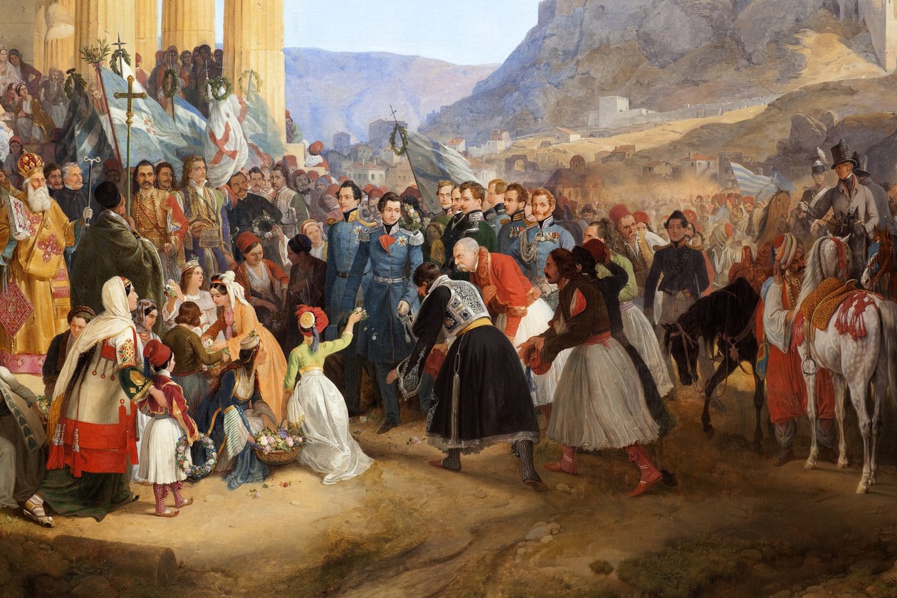 Indgangen for kong Othon I af Grækenland (1815-1876) til Athen, hilst velkommen af folkemængden foran templet Hephaistos (Hephaisteion) (Hephaistos) eller Theseion på Agora (Grækenland) af Peter von Hess