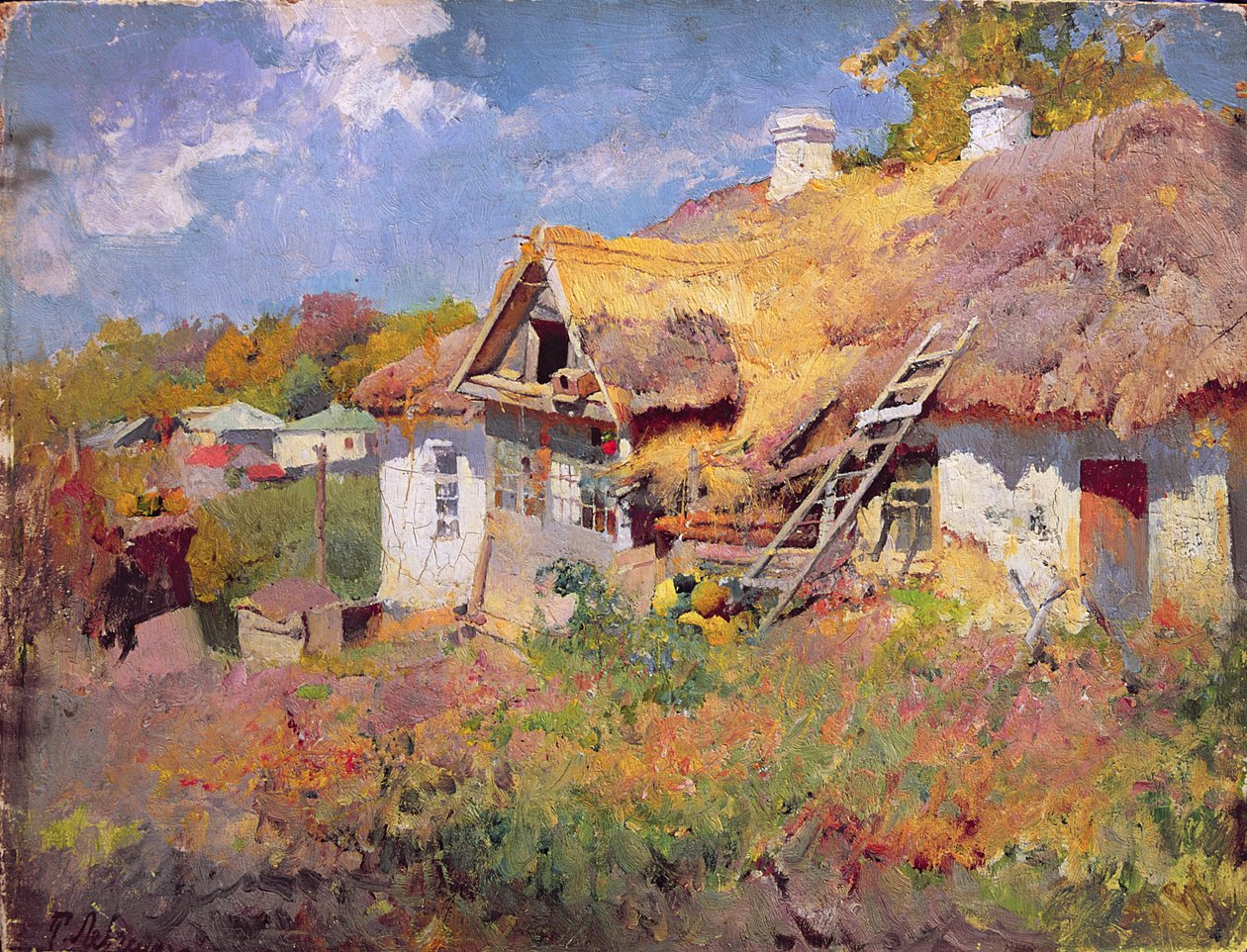 Ukrainske hytter, 1906 (olie på pap) af Petr Levchenko