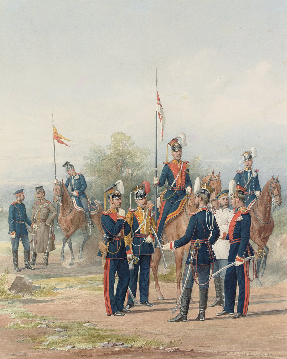 En gruppe officerer og soldater fra Life Guard Lancer Regiments of His and Her Majestates, 1873 af Petr Balashov