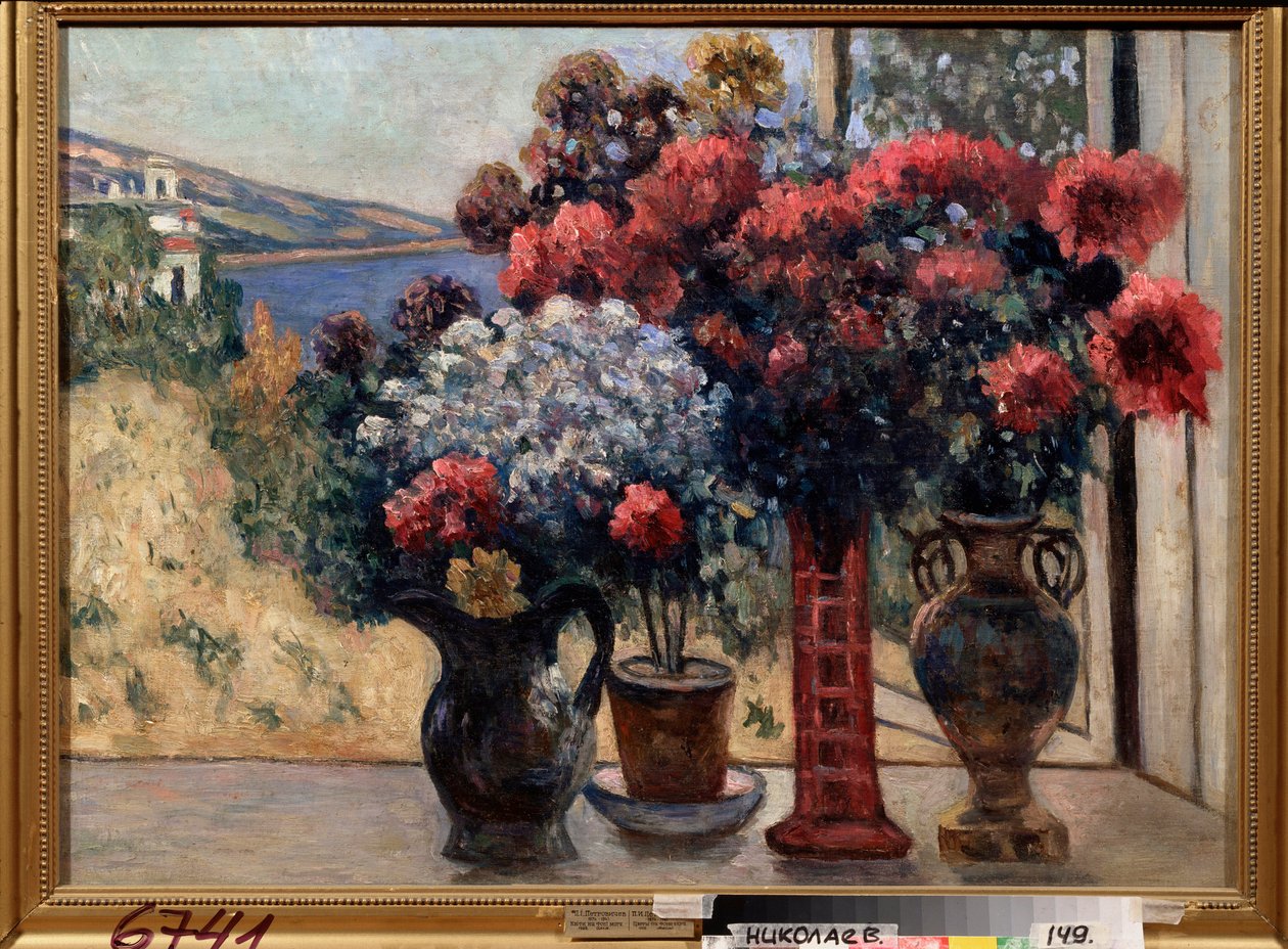 Blomster mod havet. Maleri af Pyotr Ivanovich Petrovichev (Pyotr Petrovichev) (1874-1947), olie på lærred af Petr Ivanovic Petrovichev