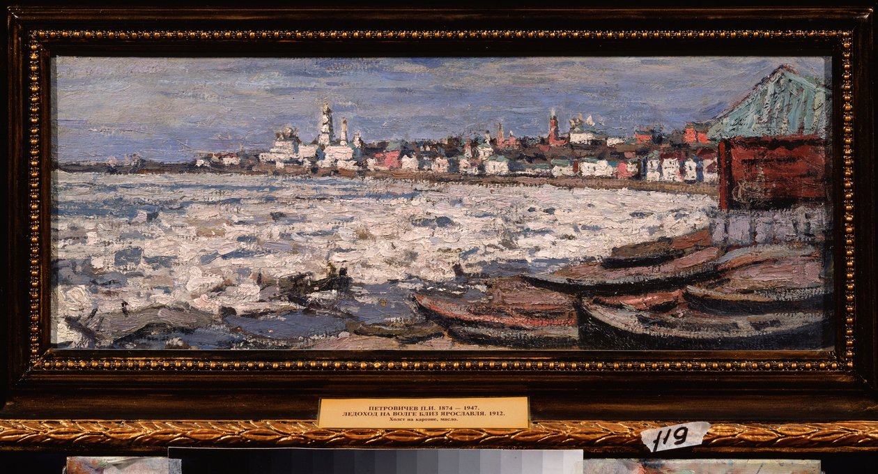 Isdrift på Volga, nær Yaroslavl (Rusland). Værk af Pyotr Ivanovich Petrovichev (Piotr Petrovichev) (1874-1947), olie på pap af Petr Ivanovic Petrovichev