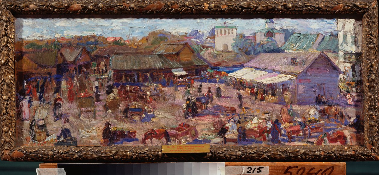 Markedet i Pskov (Rusland). Værk af Pyotr Ivanovich Petrovichev (Piotr Petrovichev) (1874-1947), olie på pap af Petr Ivanovic Petrovichev