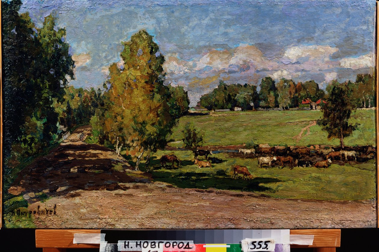 Hvil på engen. (Flok kvæg nær et vandløb, krydser en græsmark). Værk af Pyotr Ivanovich Petrovichev (Piotr Petrovichev) (1874-1947), olie på pap af Petr Ivanovic Petrovichev