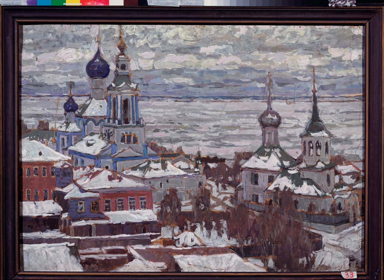 Rostov (Rusland) om vinteren. Værk af Pyotr Ivanovich Petrovichev (Piotr Petrovichev) (1874-1947), gouache og tempera på pap af Petr Ivanovic Petrovichev