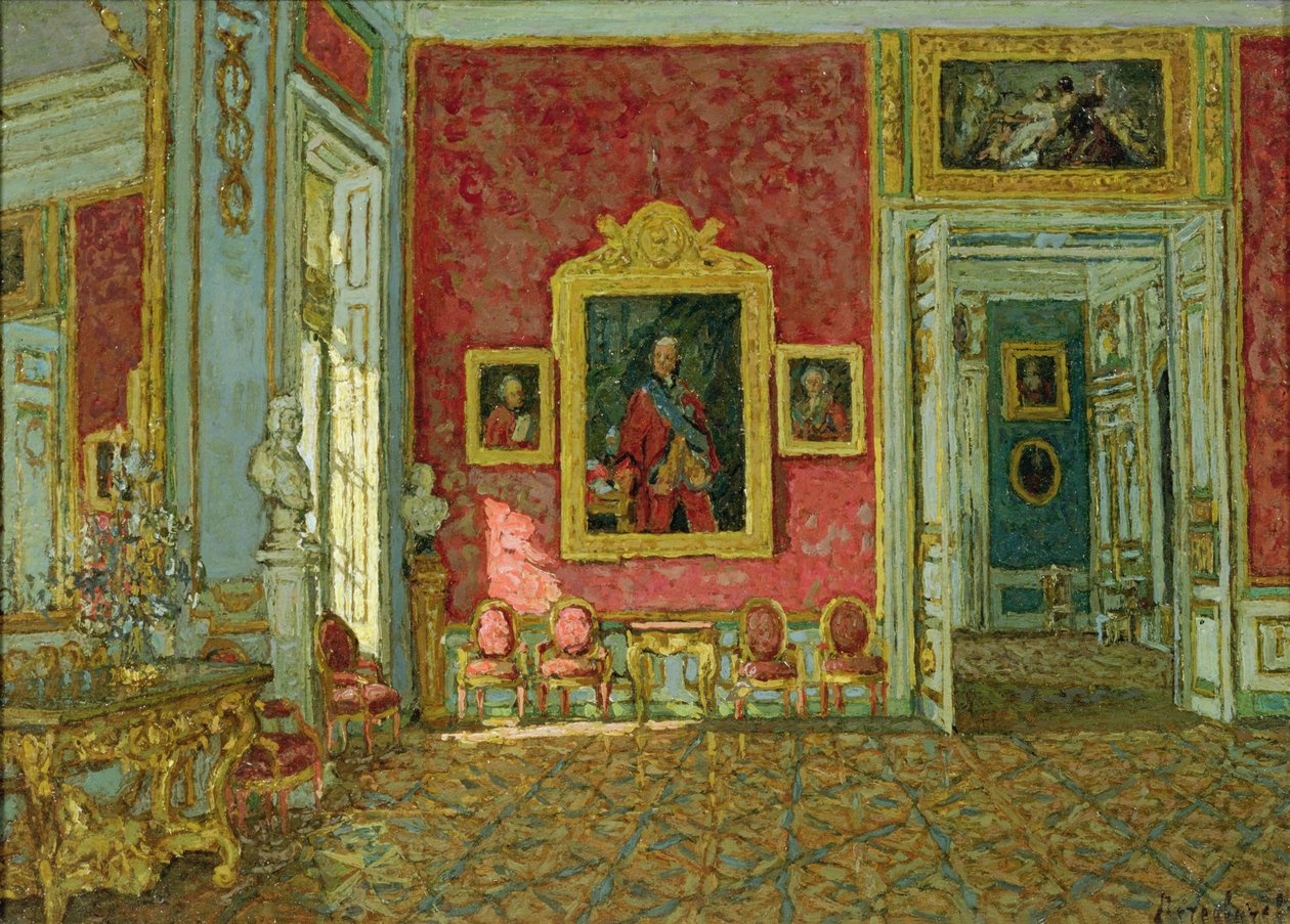 Den lilla salon i Kuskovo-paladset, ca. 1915 (olie på lærred) af Petr Ivanovic Petrovichev