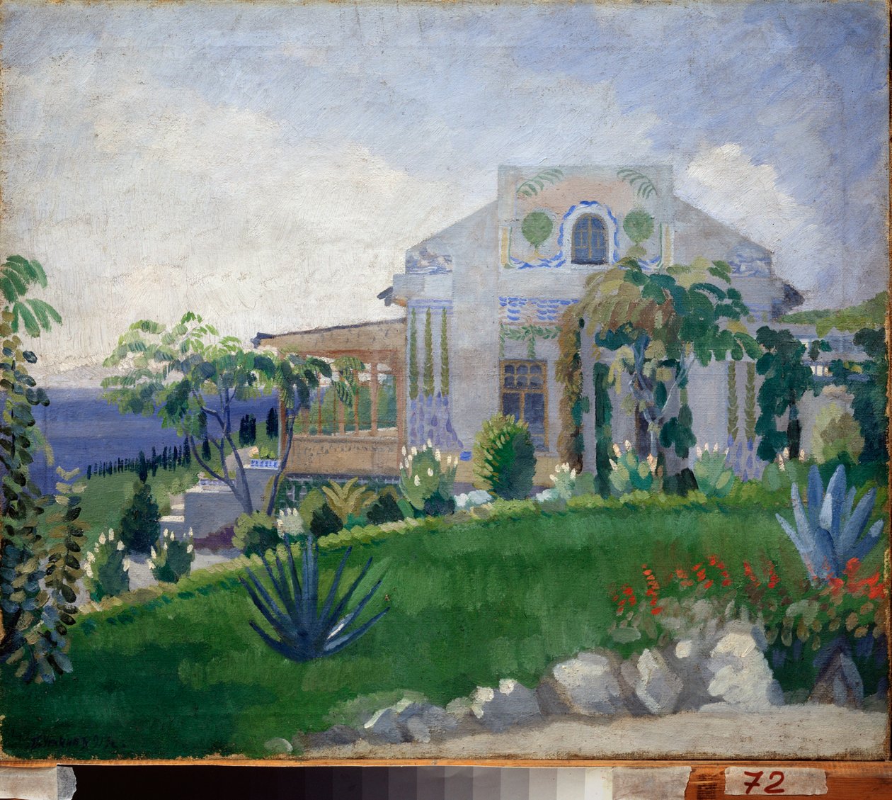 Vue de la propriete Zhukovsky (Joukovsky) a Kuchuk Koy (Ukraine) (Udsigt over Zhukovsky Estate ved Kuchuk-Koy) - Oeuvre de Pyotr (Piotr, Petr) Savvich Utkin (Outkine) (1877-1934), tempera sur toile af Petr Savvic Utkin