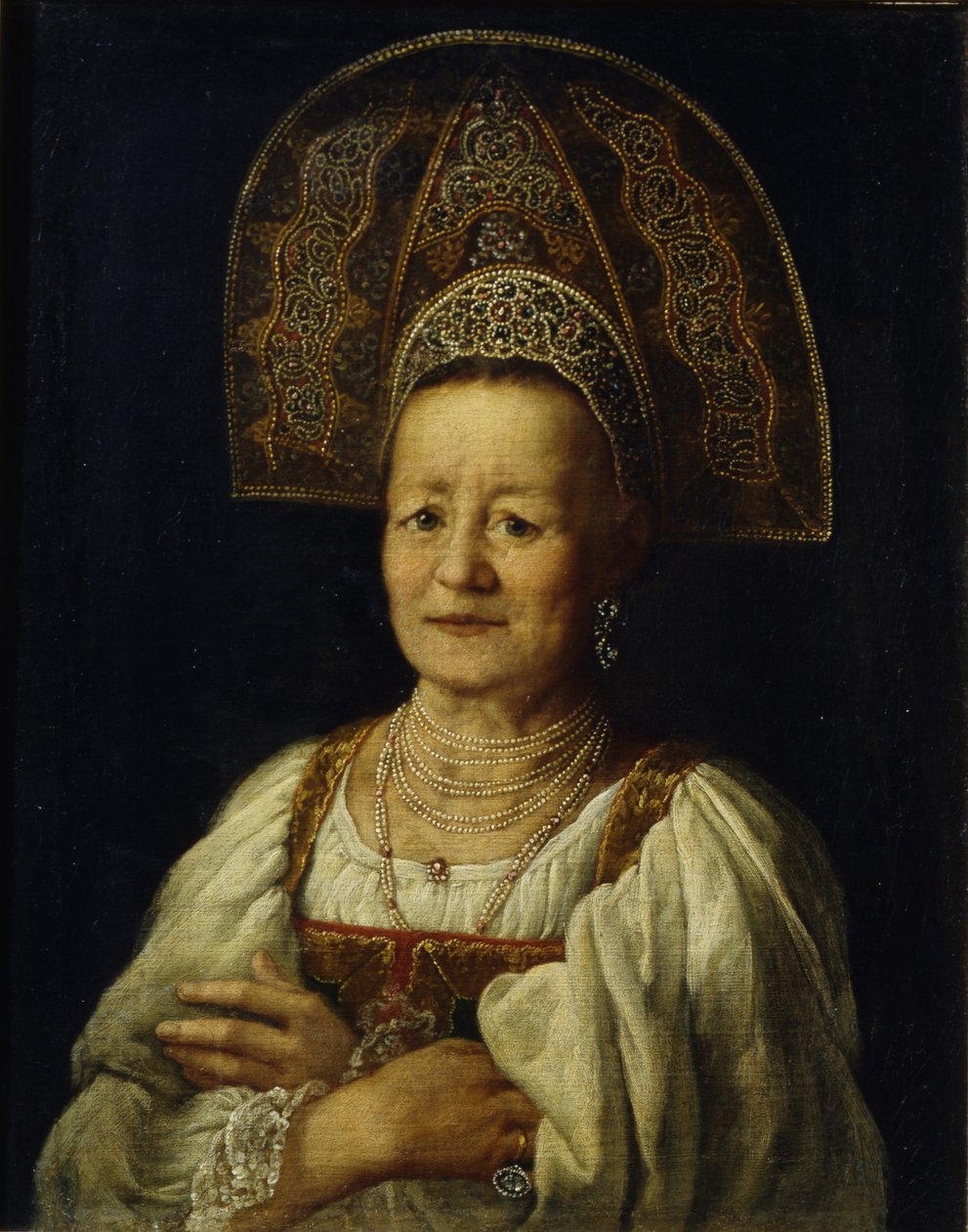 Portræt af en købmandskvinde i Kokoshnik, 1796 af Petro Semyonovich Drozhdin