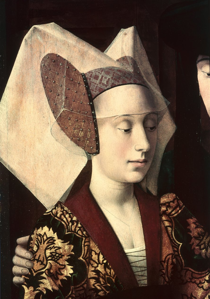 St. Eligius (ca. 588-660) som guldsmed, der viser en ring til det forlovede par, detalje af forloveren, 1449 af Petrus Christus