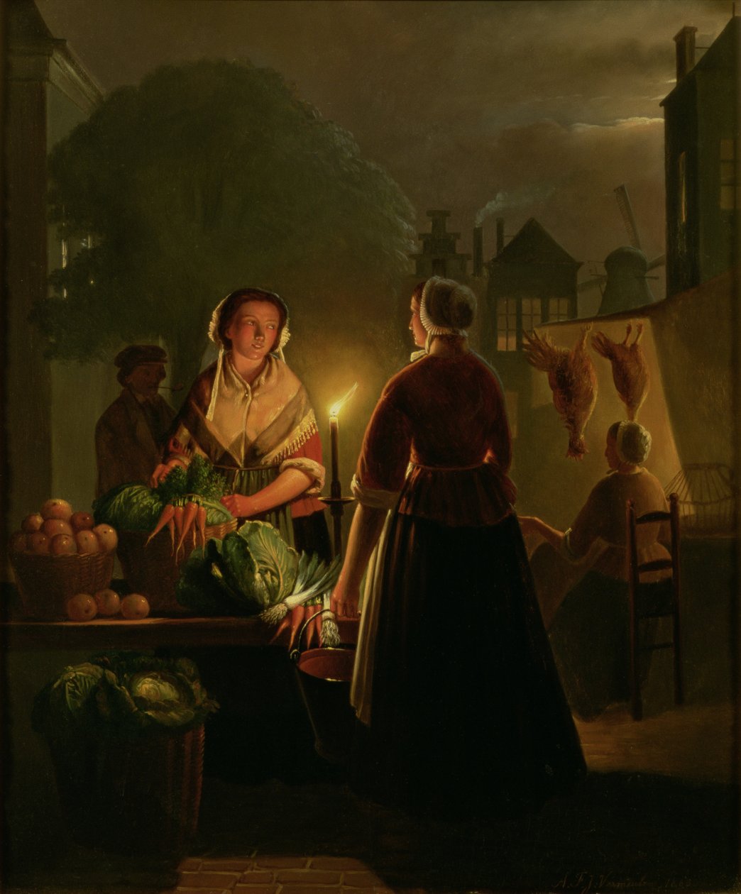 Grøntsagsmarked ved levende lys af Petrus van Schendel
