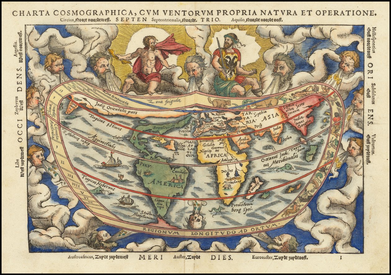 Verdenskort fra 1553 - Charta Cosmographica, Cum Ventorum Propria Natura et Operatione af Petrus Apianus