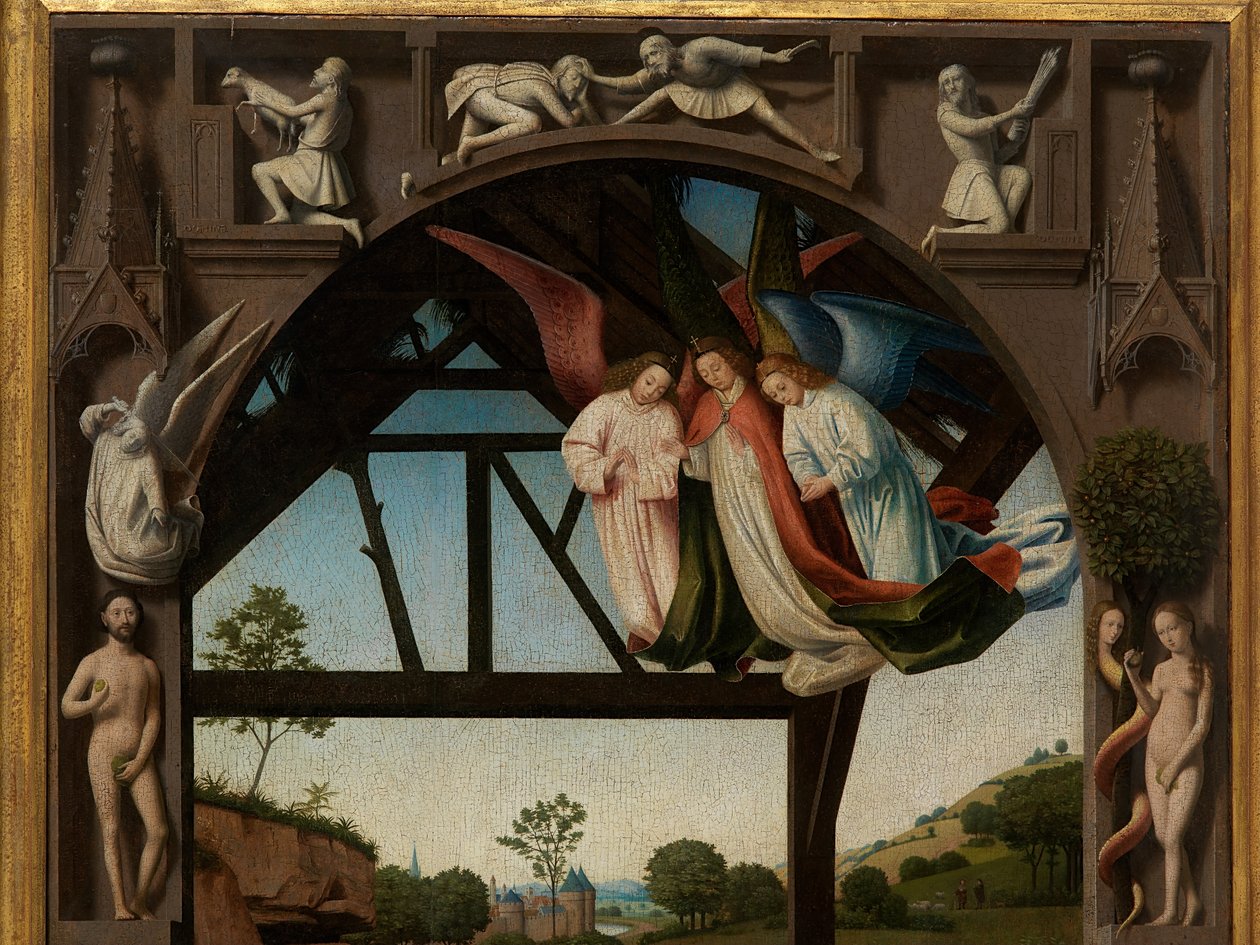 Detalje af tilbedelse af Kristus-barnet af Petrus Christus