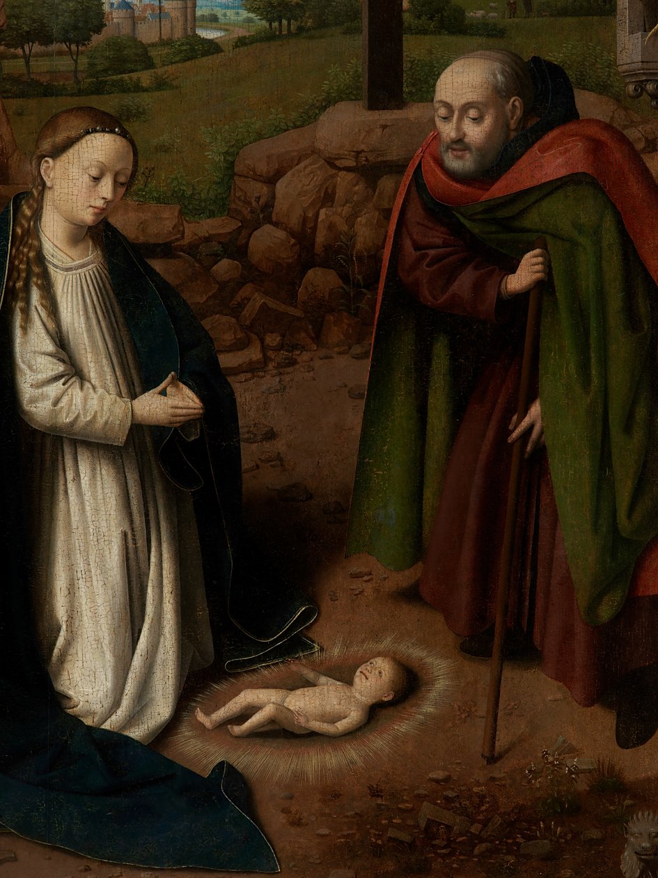 Detalje af tilbedelse af Kristus-barnet af Petrus Christus