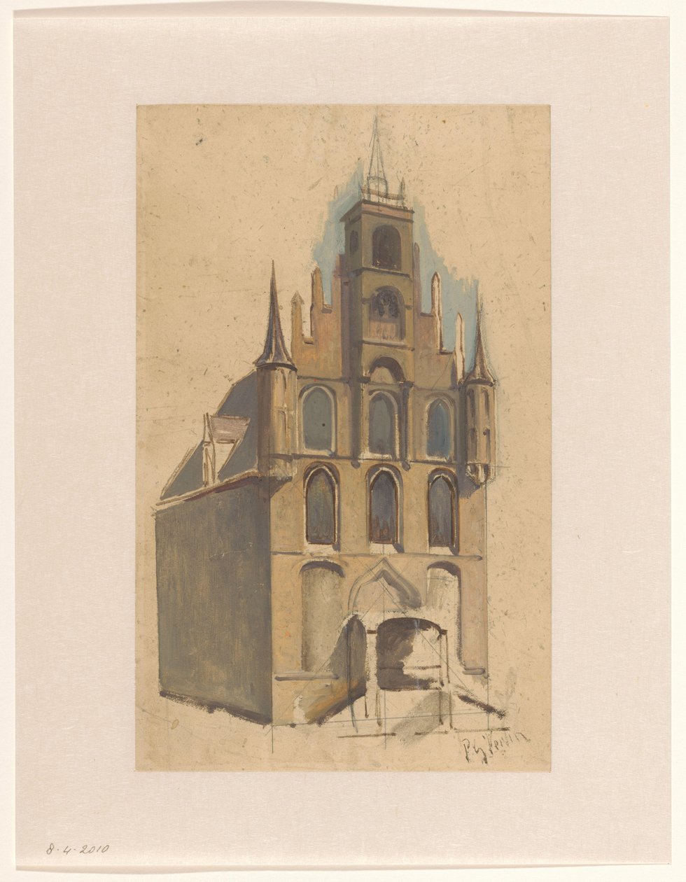 Design til en bygning i sengotisk stil med trappegavl og tinder af Petrus Gerardus Vertin