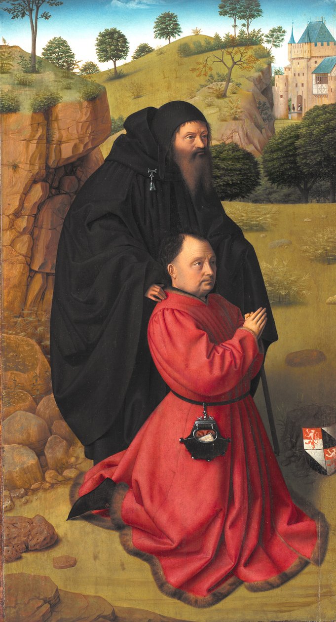 Alterpanel med et portræt af en donor i skarlagenrød under beskyttelse af St. Anthony af Petrus I Christus