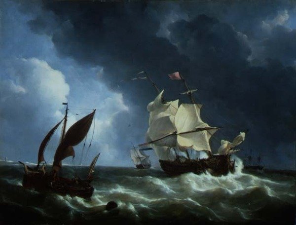Hollandsk fregat, der går for anker i en storm (olie på panel) af Petrus Johann Schotel