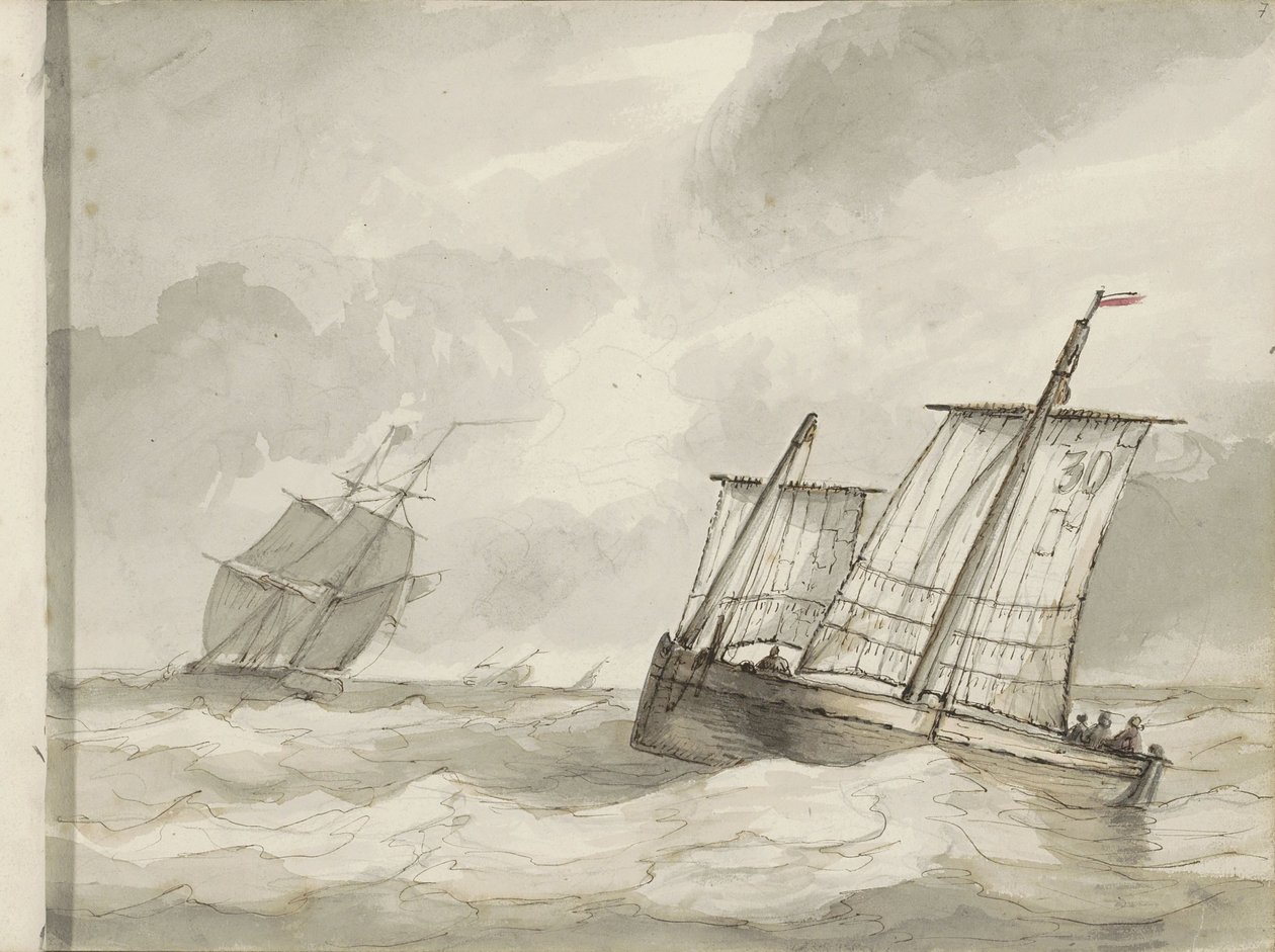 Sejlskibe på et turbulent hav af Petrus Johannes Schotel (circle of)