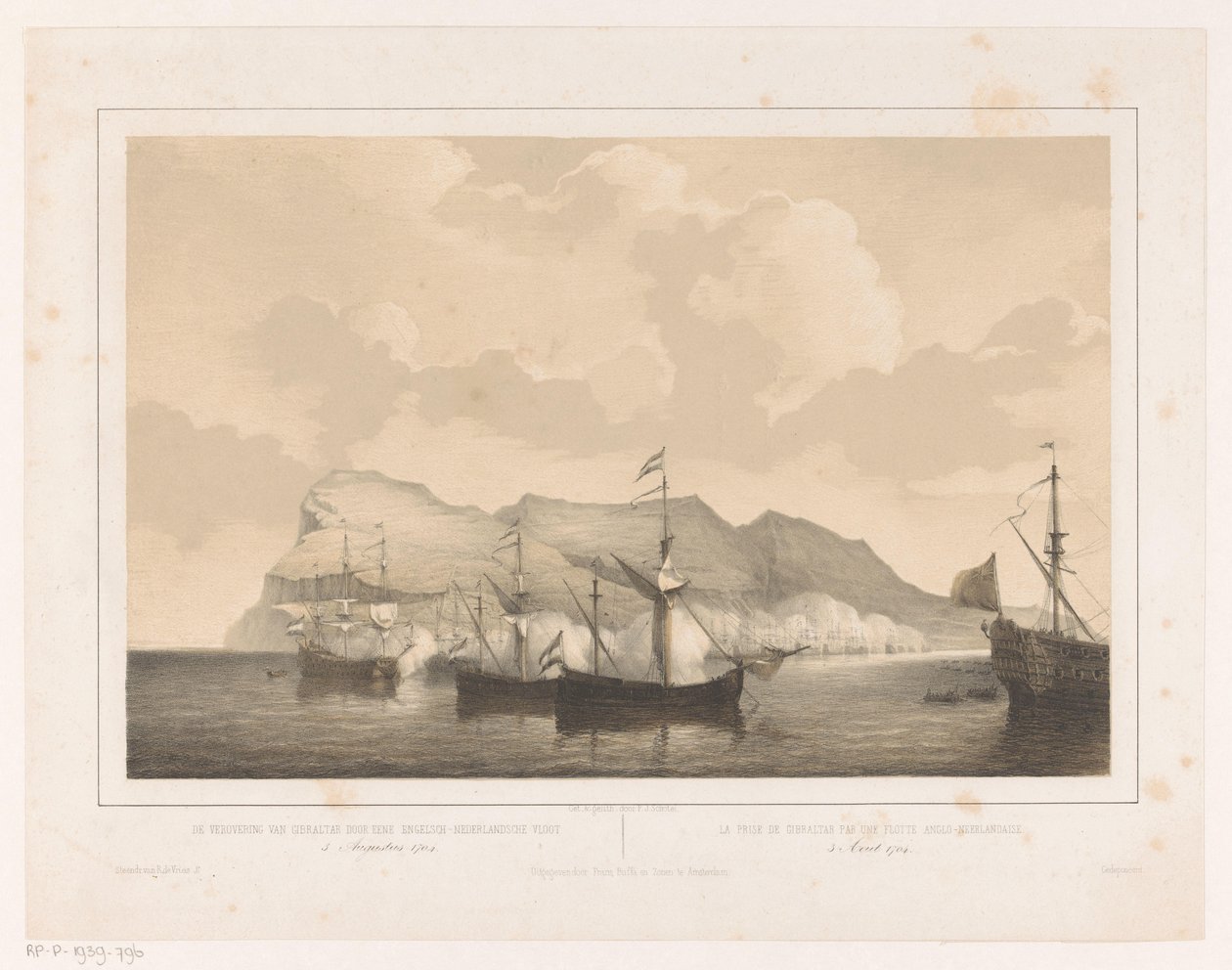 Erobring af Gibraltar Erobringen af ​​Gibraltar af den anglo-hollandske flåde 3. august 1704 / La prize de Gibraltar par un flotte Anglo-Neerlandaise (titel på objektet) af Petrus Johannes Schotel