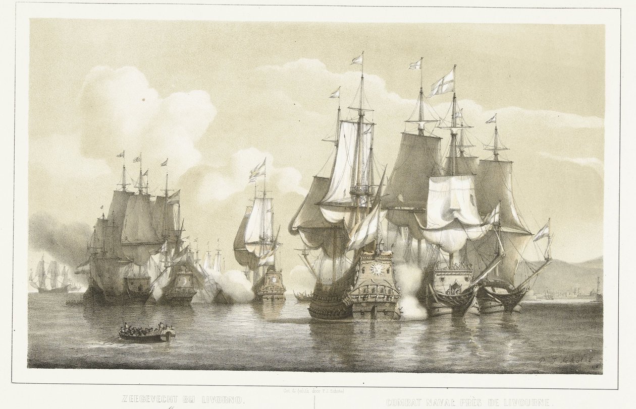 Søslaget ved Livorno, 1653 Søslag ved Livorno. 14. marts 1653 / Combat naval près de Livourne. 14 Mars 1653 (titel på objekt) af Petrus Johannes Schotel